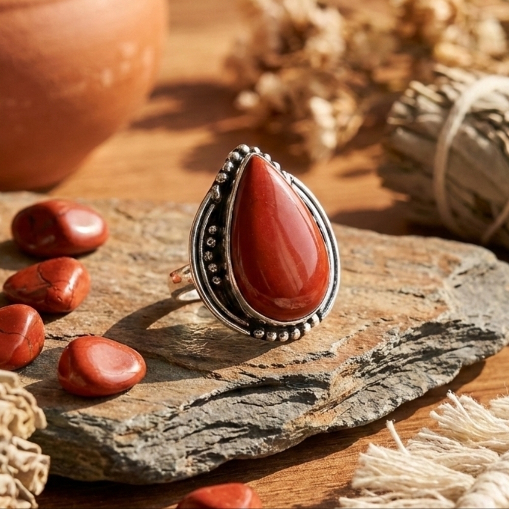Sterling Silver Red Moss Agate Artisan Statement Ring Boho Teardrop Size 7.75